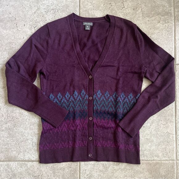 Eddie Bauer Sweaters - Eddie Bauer Women Fair Isle Cardigan Sweater Maroon Size M Cotton Machine Wash